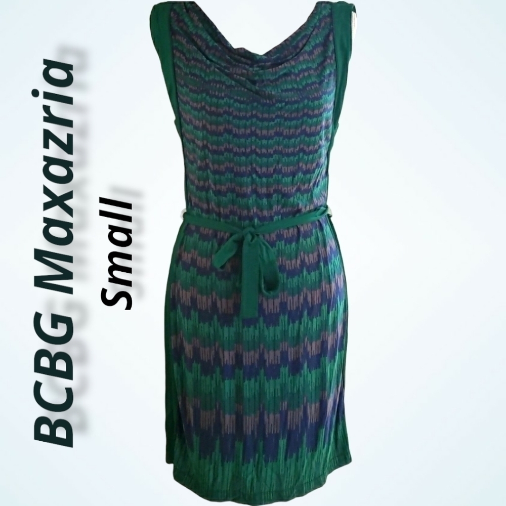 Bcbg MAXAZRIA Stretchy Sheath Dress Cowl Boat Neck Green & Purple S EUC